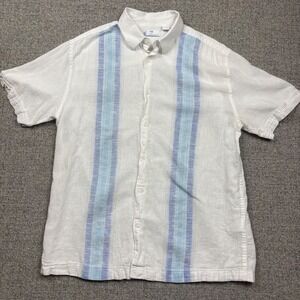White Blue Striped Linen Blend Short Sleeve Button Down Cafe Luna Mens Medium